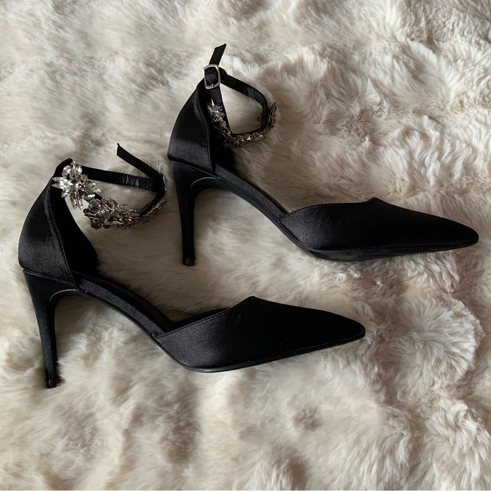 Satin Pointed Toe Rhinestone Ankle Strap Stiletto Heels, Size 8.5